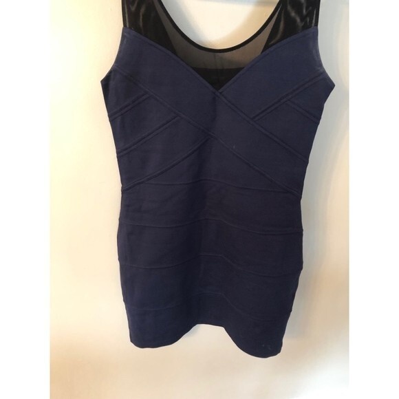 EXPRESS SIZE MEDIUM NAVY BLUE BANDAGE DRESS MESH NECKLINE - Picture 3 of 7